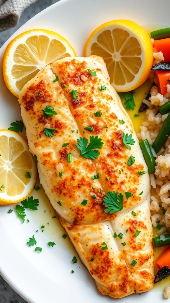 Baked tilapia fillet garnished with parsley and lemon, served with vegetables and rice.